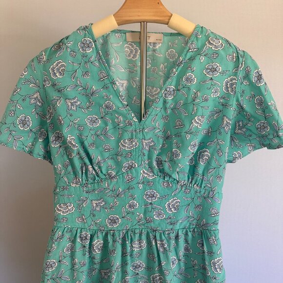 LOFT Turquoise Floral Dress Women's Size 6P Office Core Smocked Back Midi Dress - Picture 6 of 9